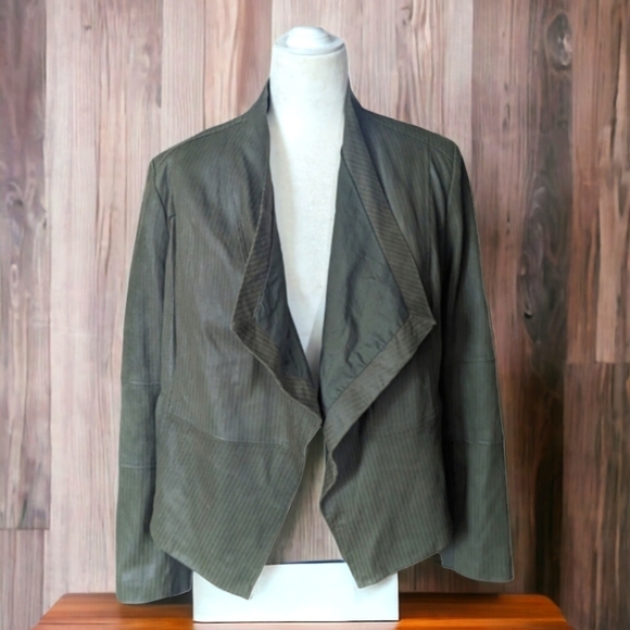 Leather Suede Open Front Waterfall Textured Olive Green Jacket Sz 14 - Picture 10 of 11